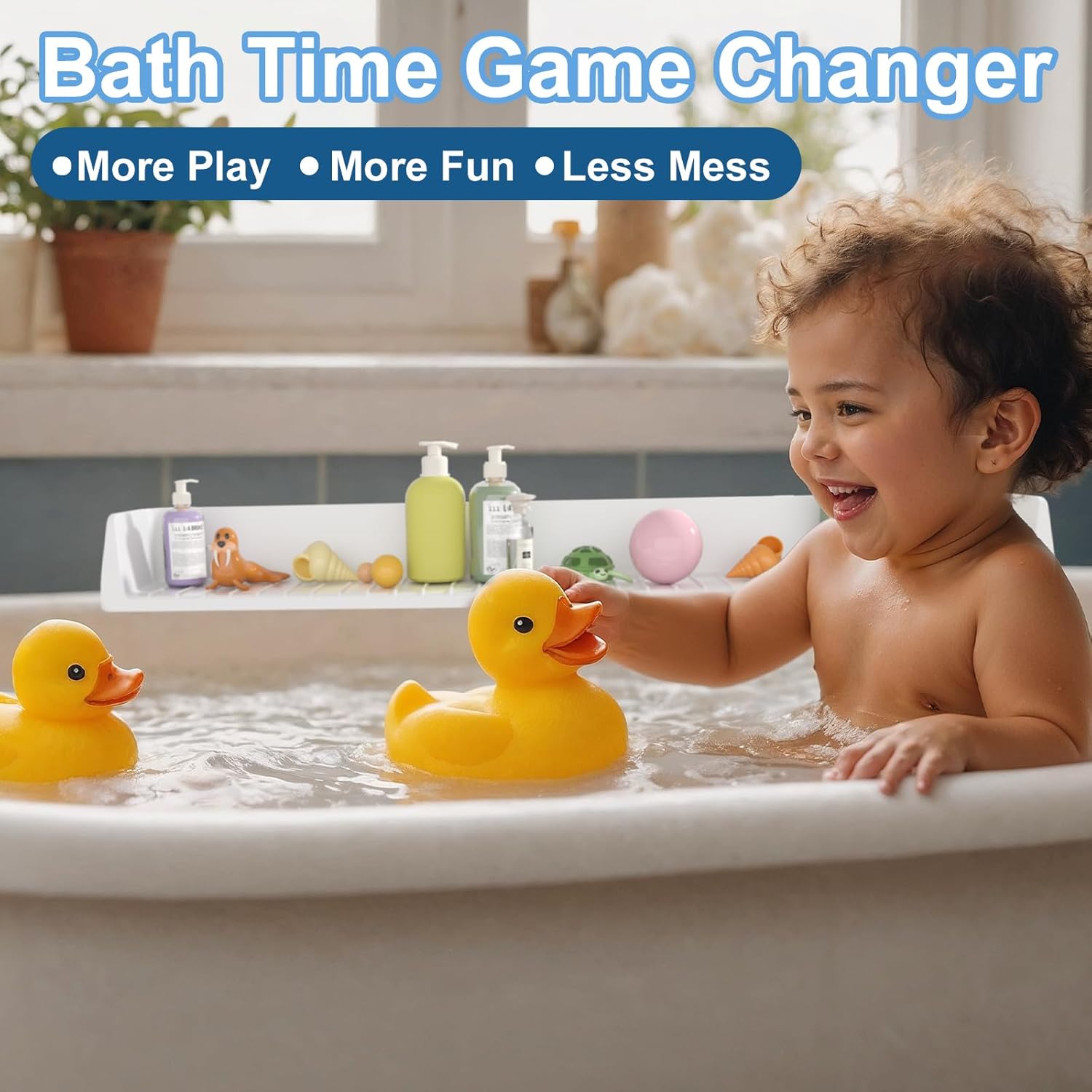 Tub Splash Guard for Kids,Bathtub Water Guard Play Shelf for Bathing, Toy Tray Caddy Holder for Tub, Silicone Splash Guard for Bathtub Prevent Water Spills in Bathroom (2.6FT, White)
