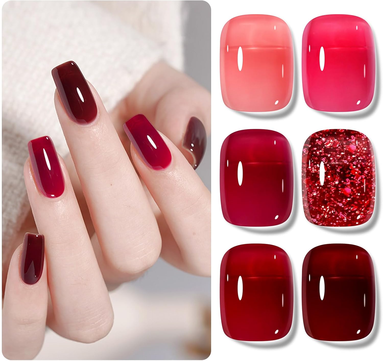 Shining She Jelly Gel Nail Polish, 6 Colors Crystals Burgundy Cherry Light Red Glitter Red Jelly Gel Polish,Gel Polish Set Soak-Off UV Nail Polish for Beginners DIY Nail Art at Home,10ml Shining She Jelly Gel Nail Polish, 6 Colors Crystals Burgundy Cherry Light Red Glitter Red Jelly Gel Polish,Gel Polish Set Soak-Off UV Nail Polish for Beginners DIY Nail Art at Home,10ml