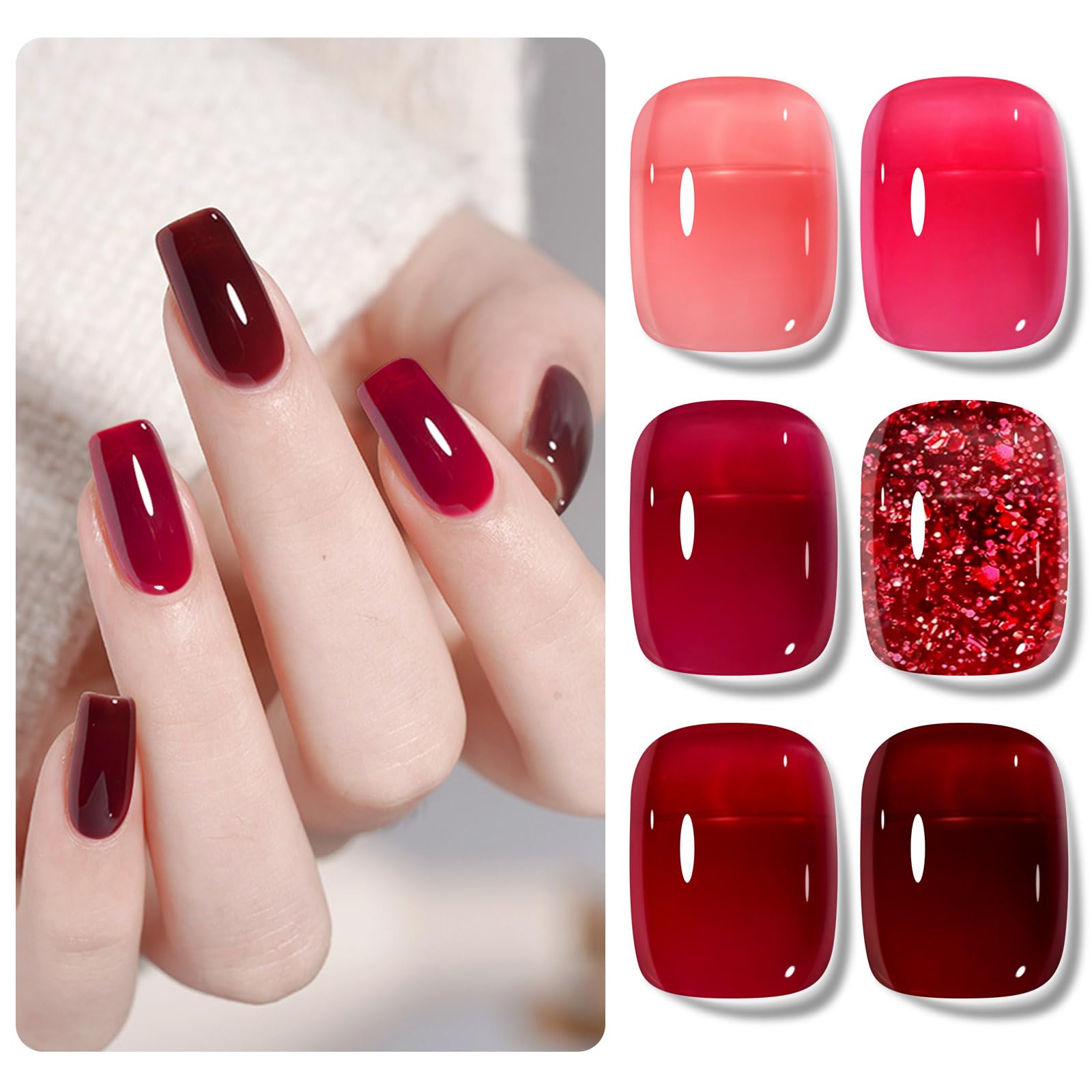 Shining She Esmaltes Semipermanentes de Uñas en Gel UV LED,6 Colores Cristal Jelly Rojo Cereza Borgoña Rojo Brillante Otoño Invierno Pintauñas Semipermanentes para Novato Nail Art DIY,8ML