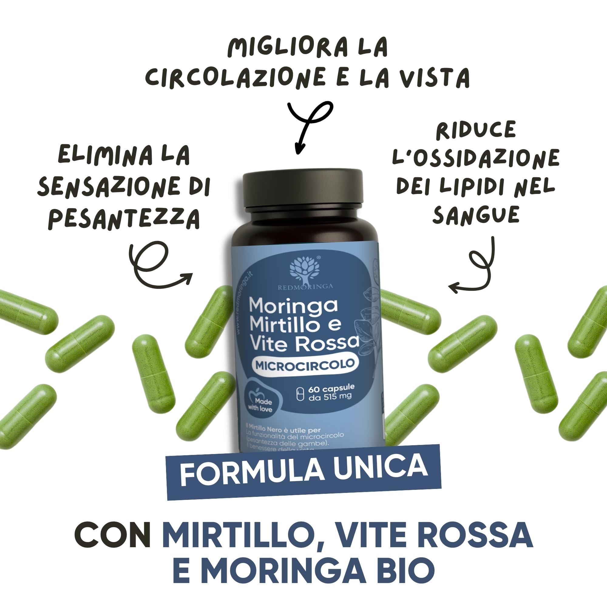 Integratore Microcircolo Gambe Mirtillo Nero e Vite Rossa con Moringa BIO - NUOVA FORMULA - Vite rossa Integratore Riduce Pesantezza e stimola Circolazione Gambe | 60 Capsule 100% Naturali RedMoringa