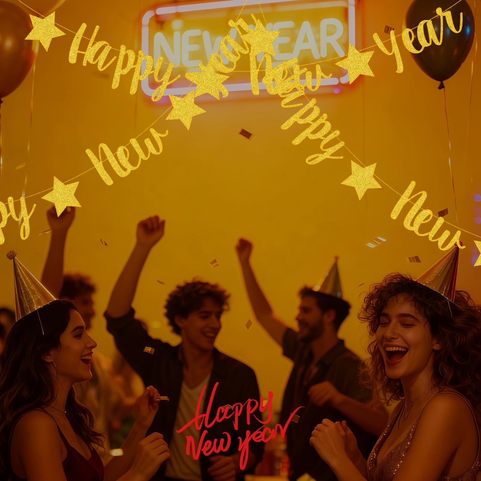 JNAWA Happy New Year Bunting Banner Gold Glitter Glowing New Year's Eve Party Background Star Outdoor Holiday Supplies for Indoor and Outdoor - Image 4