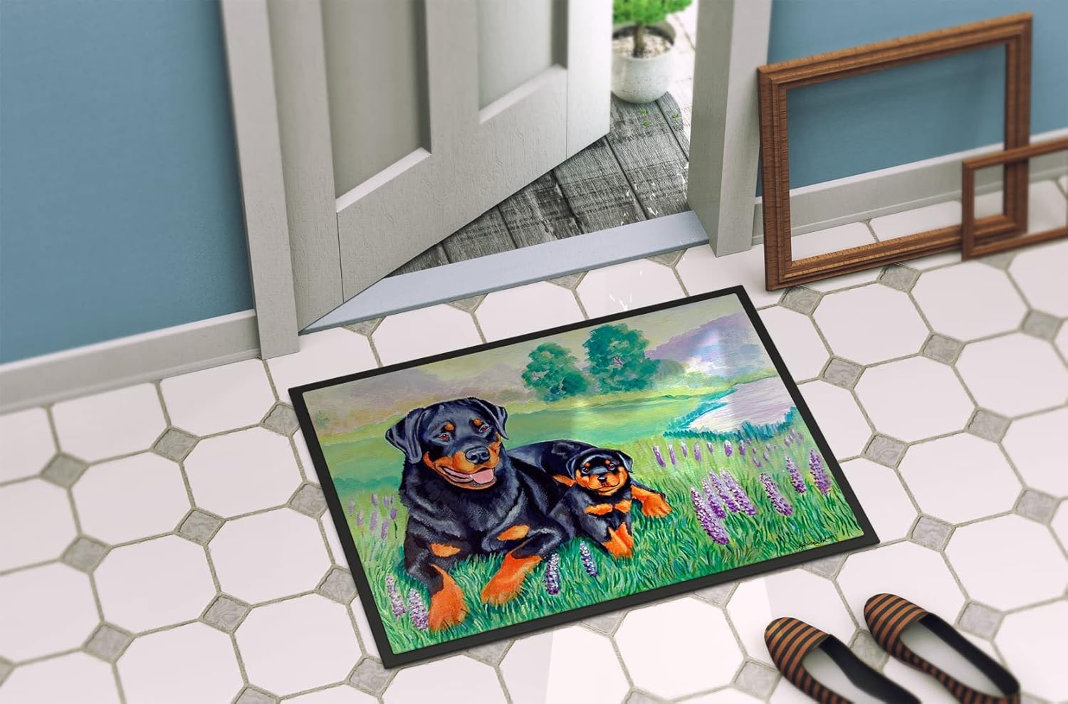 Caroline's Treasures 7141MAT Rottweiler Doormat 18x27 Front Door Mat Indoor Outdoor Rugs for Entryway, Non Slip Washable Low Pile, 18H X 27W