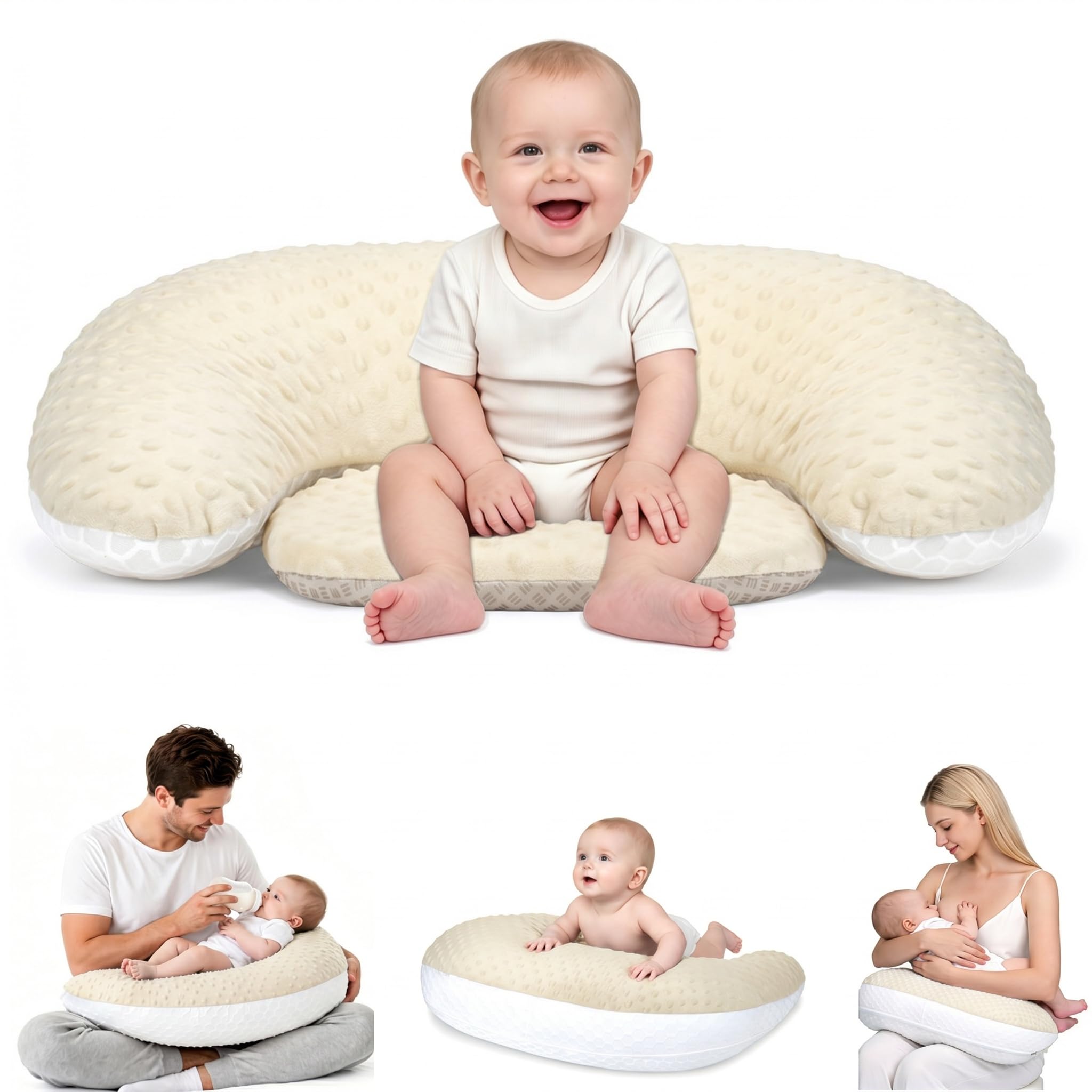 Topchances Multi-Functional Nursing Pillow,3D Fleece/Mesh Pillowcase,With Large C-Shaped Opening,Includes A Non-Slip Seat Cushion,A Gift For Mom-Removable And Washable Feeding Pillow（Warm beige,1pc）