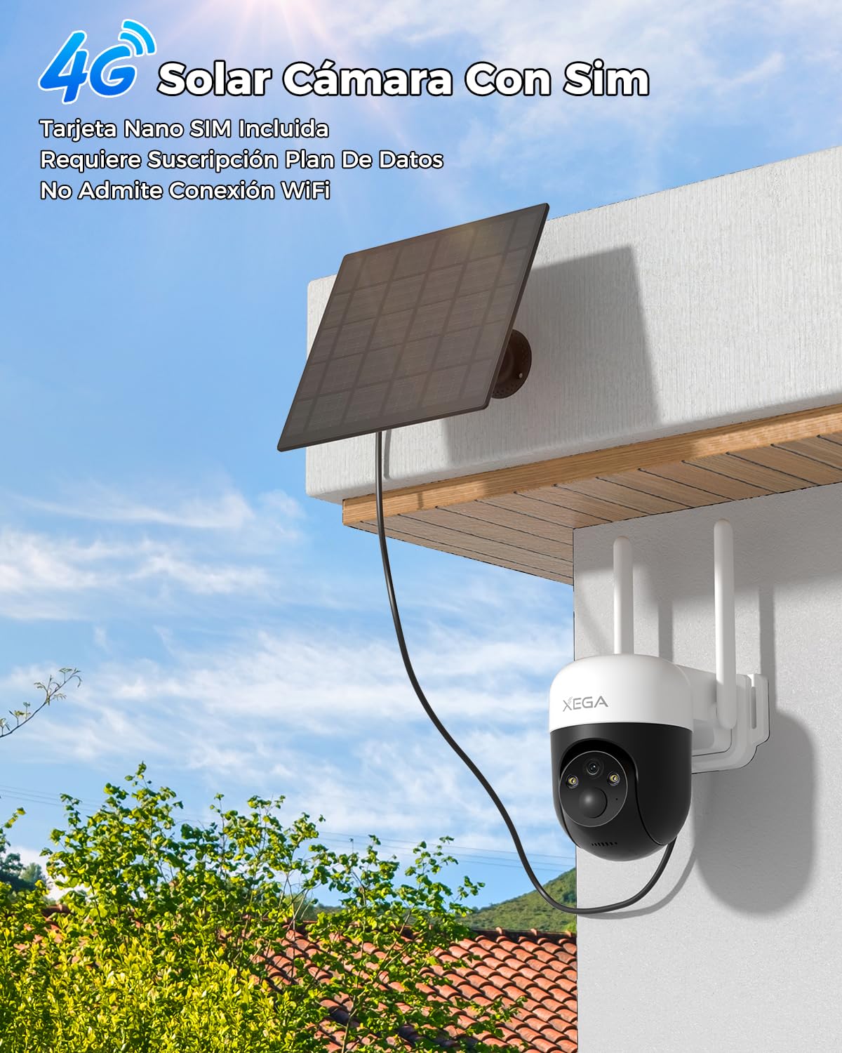 Xega Cámara Solar 4G Exterior con Tarjeta SIM Sin WiFi PTZ 2K 3MP
