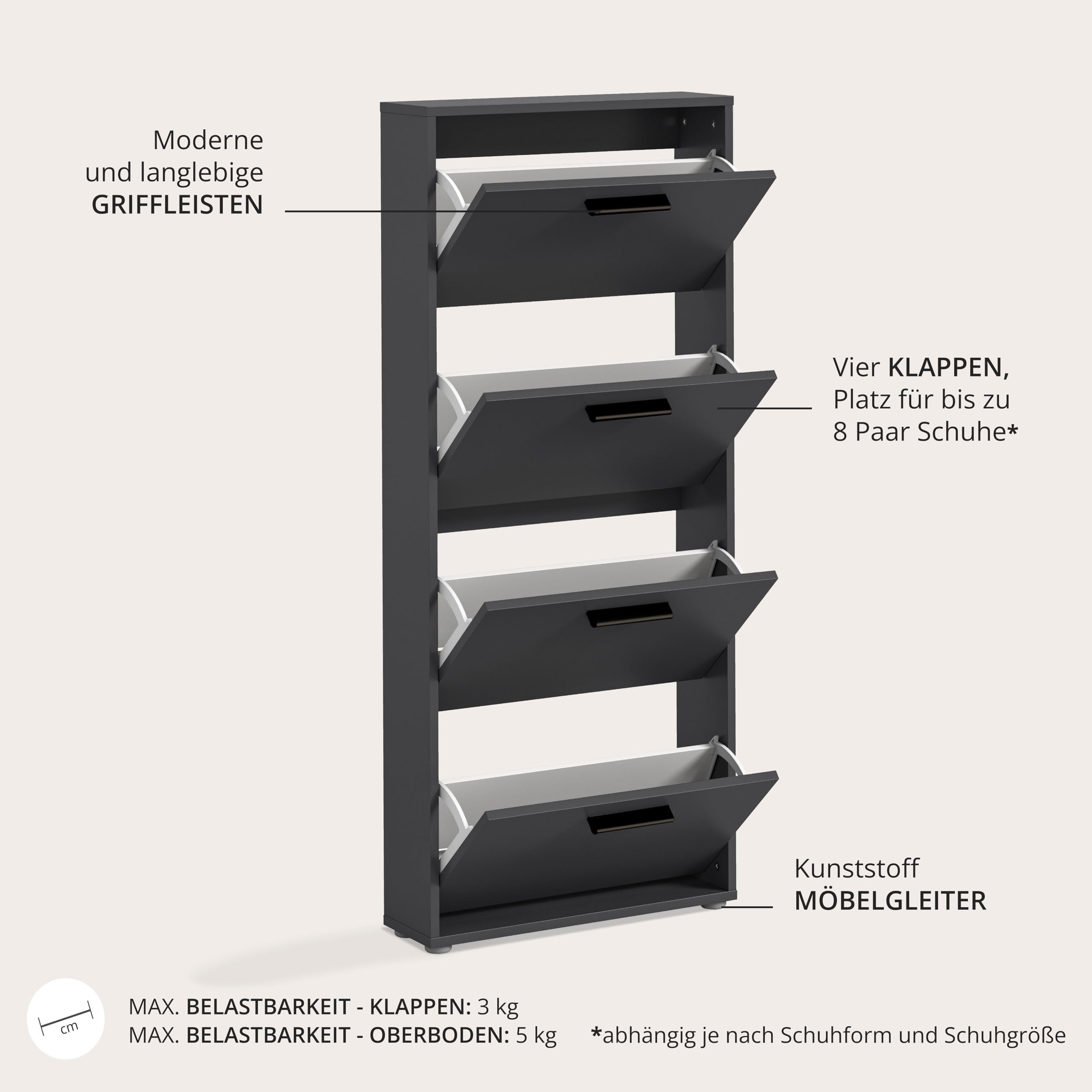 SAM Schuhkipper in Anthrazit - Praktisches Schuhregal Schuhschrank zur platzsparenden Aufbewahrung von Schuhen - 59 x 136 x 17 cm (B/H/T) | 59 x 136 x 17 cm (B/H/T), modernes Design mit schwarzen Stangengriffen, Oberboden für Dekoration, viel Stauraum