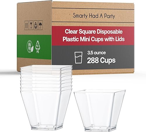 Mini tazas de plástico desechables con tapas, 288 unidades, recipientes transparentes de 3.5 onzas, vasos cuadrados para aperitivos, frutas,
