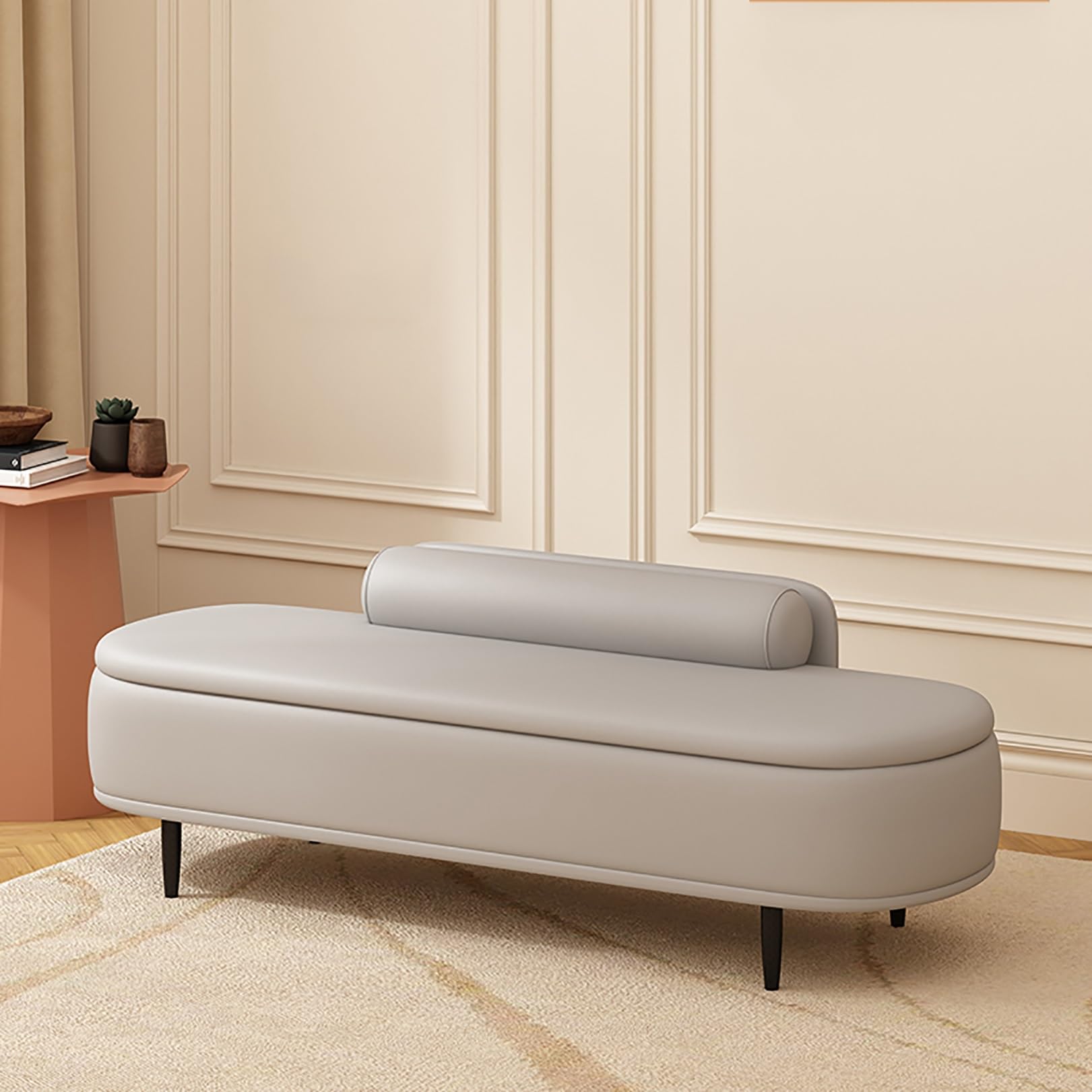 Coffre de rangement chambre et pouf rembourré gris de lit 80cm