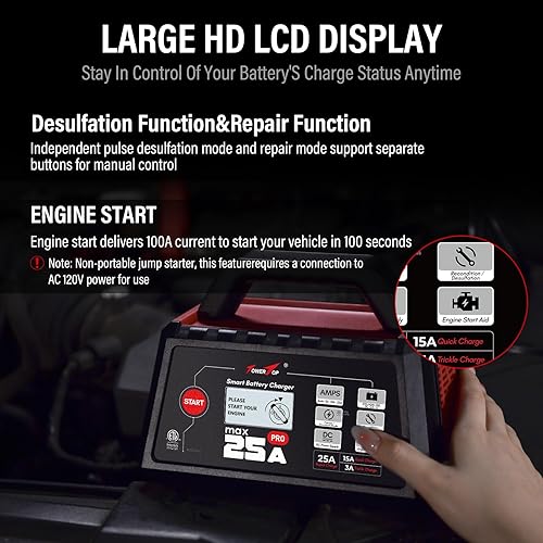 Miniatura 6 de TowerTop Cargador de batería Max Pro de 25 A Cargador inteligente de goteo completamente automático de 12 V, mantenedor de batería automotriz con