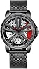 RORIOS Men's Watches Car Wheel Rim Hub Watch Analogue Quartz Wrist Watch Fashion Sports Watches 3ATM Waterproof Watch Men Skeleton Watch with Mesh Strap