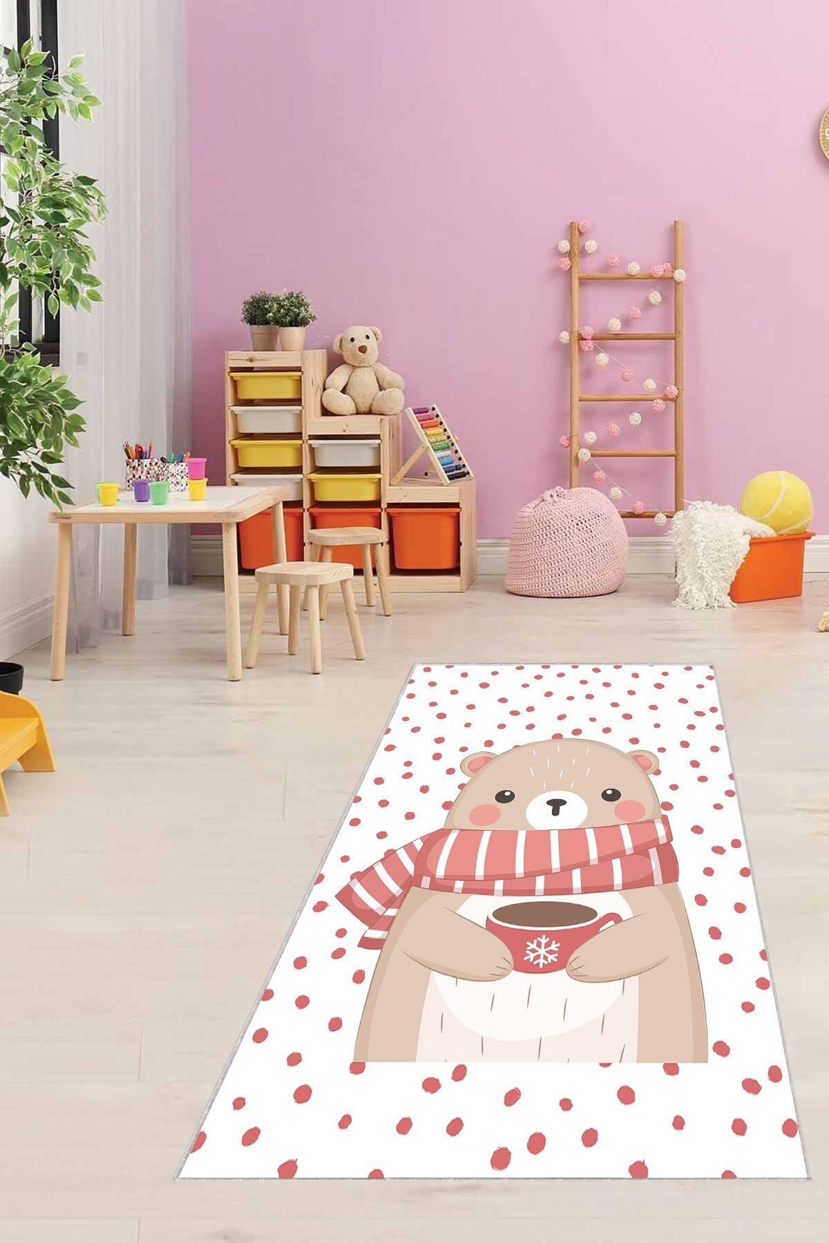 Pelangi Ayıcıklı Yıkanabilir Kaymaz Taban Leke Tutmaz Çocuk Odası Halısı, Kırmızı-Beyaz-Kahverengi 60 x 200