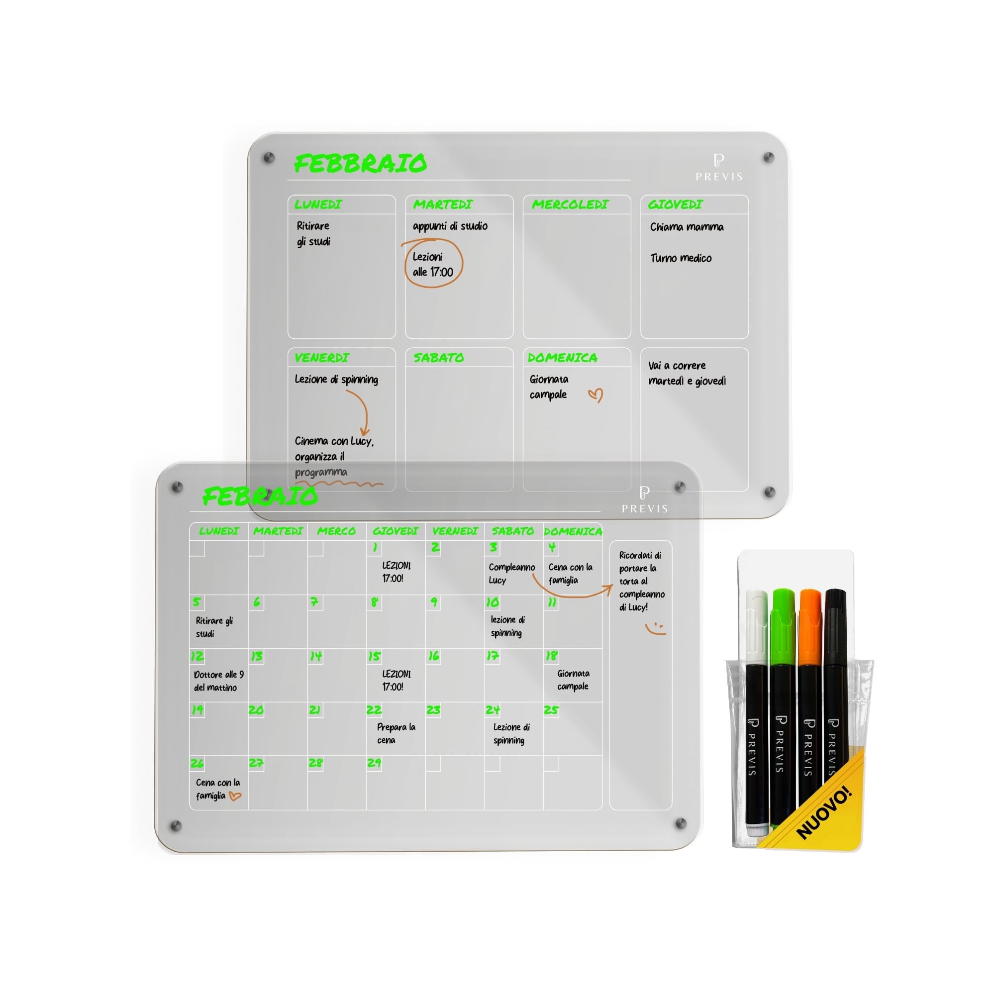 Previs Brand Kit di 2x Lavagna Magnetica Frigo Trasparente (Settimanale + Mensile) A4 (21x29,7cm) con 4 Pennarelli Premium - 2x Calendario Acrilico Trasparente Frigo