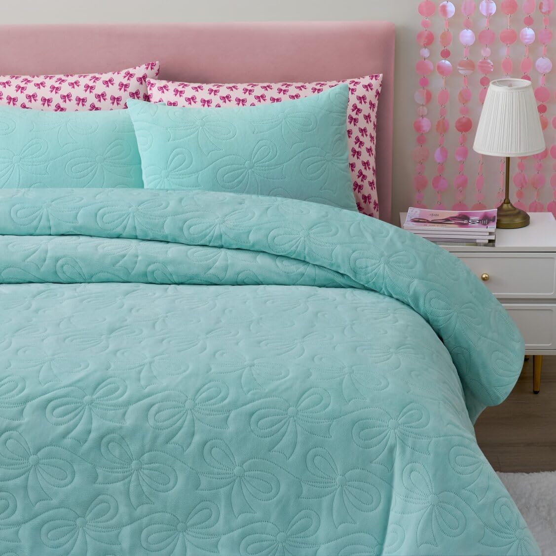 Paris Hilton 3 Piece Full/Queen Comforter Set with 2 Pillow Shams - Soft Warm Chic & Lightweight Quilted Full Bed Spreads, Housewarming & Birthday Gifts for Women & Teen Girls, Blue Bows (Blaine)