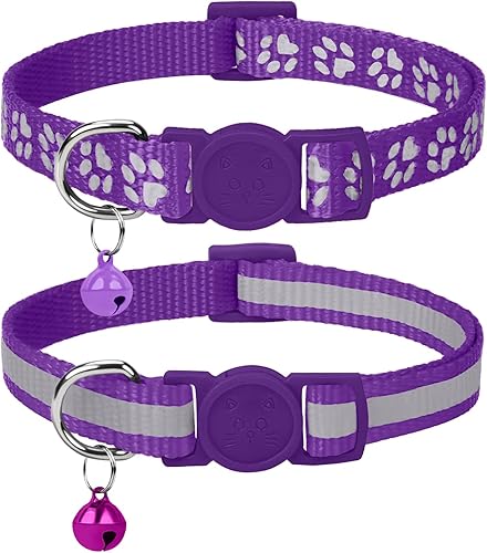 Taglory Collares reflectantes para gatos con campana, paquete de 2 collares ajustables de 6 a 8 pulgadas, color morado