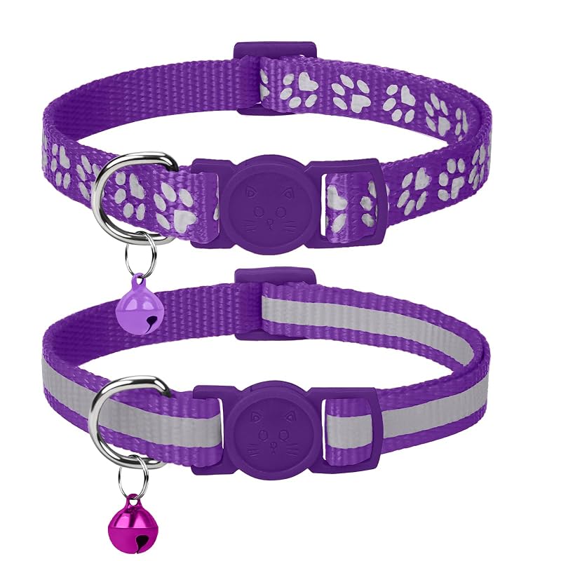 Coleira Refletiva Breakaway para Gatos com Guizo Taglory Purple, Ajustável de 19,05 a 31,75 cm, Pacote com 2