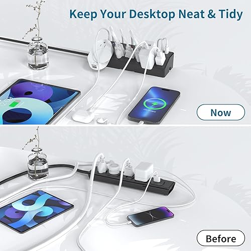Miniatura 5 de Regleta de alimentación con abrazadera de escritorio con estación de carga rápida de 40 W, regleta de alimentación de enchufe plano de 10 pies, 2