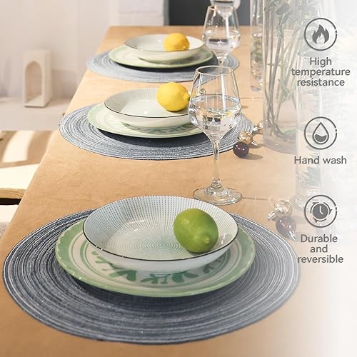 Miniatura 5 de AHHFSMEI Juego de 6 manteles individuales redondos trenzados para mesas de comedor, tejidos naturales, resistentes al calor, 15 pulgadas (azul y