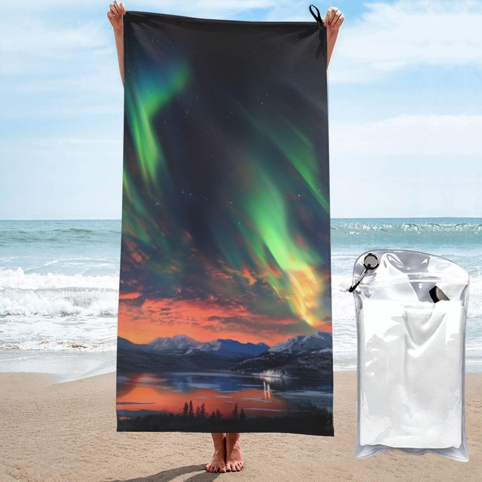 BWWHCCTI aurora Printed Microfiber Quick Dry Beach Towel 80x160 CM, Fast Drying Bath Towels with Bags for Travel,Camping,Gym,Beach,Swimming,Yoga