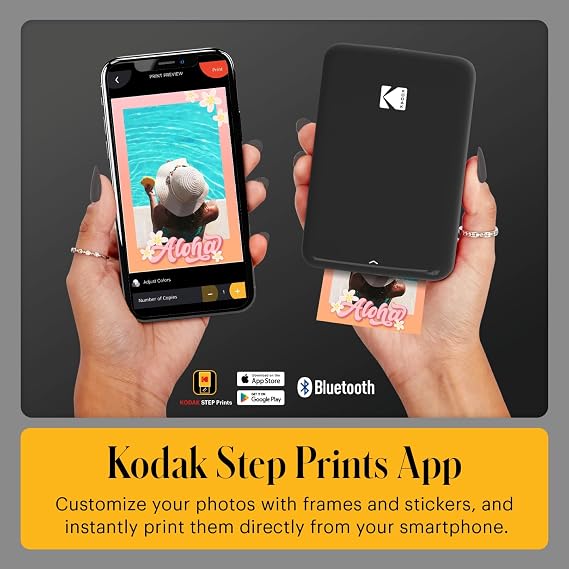 KODAK Step Anında Akıllı Telefon Fotoğraf Yazıcısı - Taşınabilir Mini Renkli Mobil Fotoğraf Yazıcısı - Çinko 2x3 Yapışkan Fotoğraflar - iOS ve Android Cihazlar ile Bluetooth Uyumlu - Eğlenceli