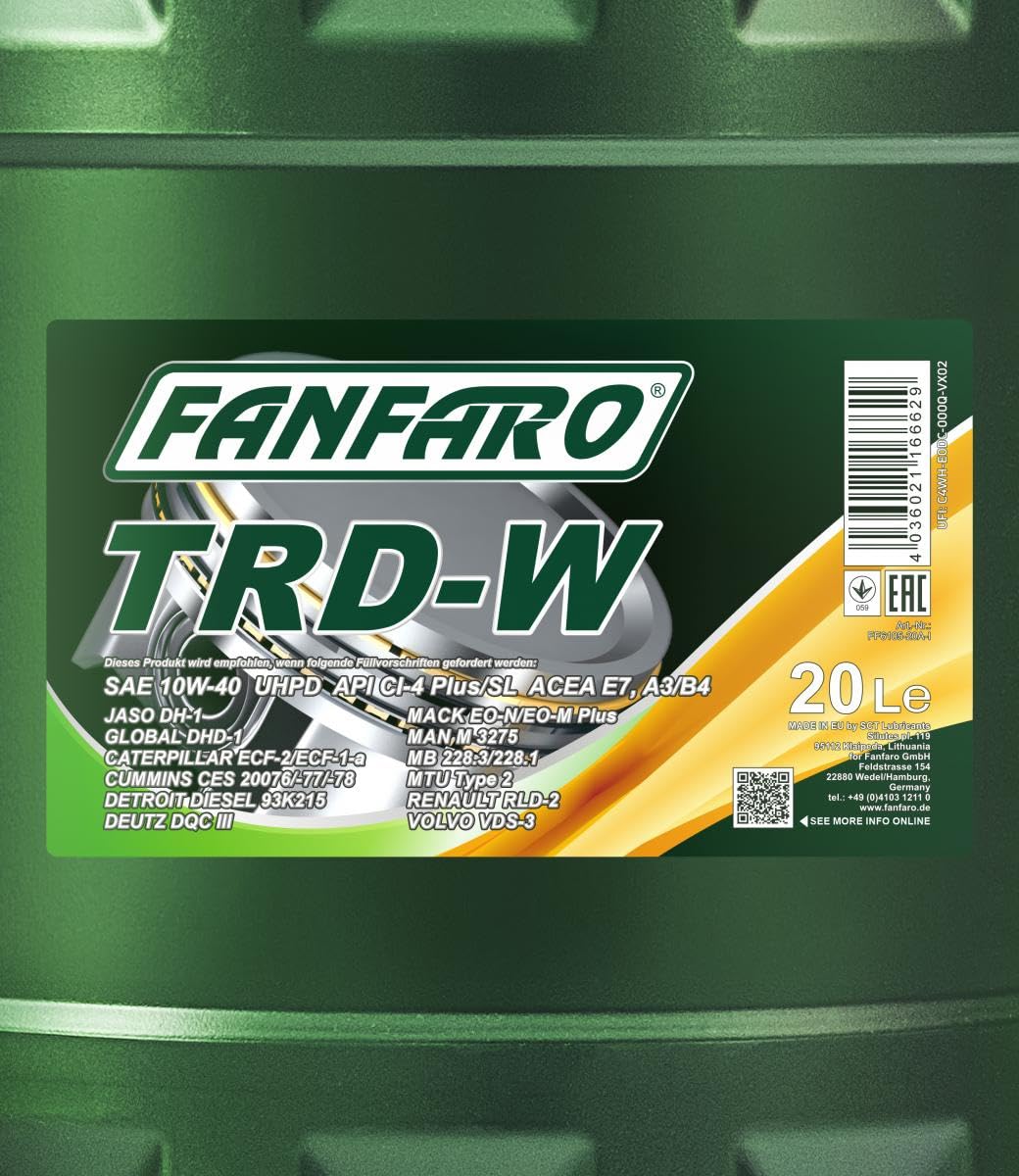 FANFARO Aceite de motor 10W-40 UHPD aceite parcialmente sintético ACEA A3/B3 ACEA A3/B4 ACEA E7 API CI-4 API SL TRD-W 20L Compatible con MERCEDES-BENZ Clase C T-modell S204 Clase E T-modell S212