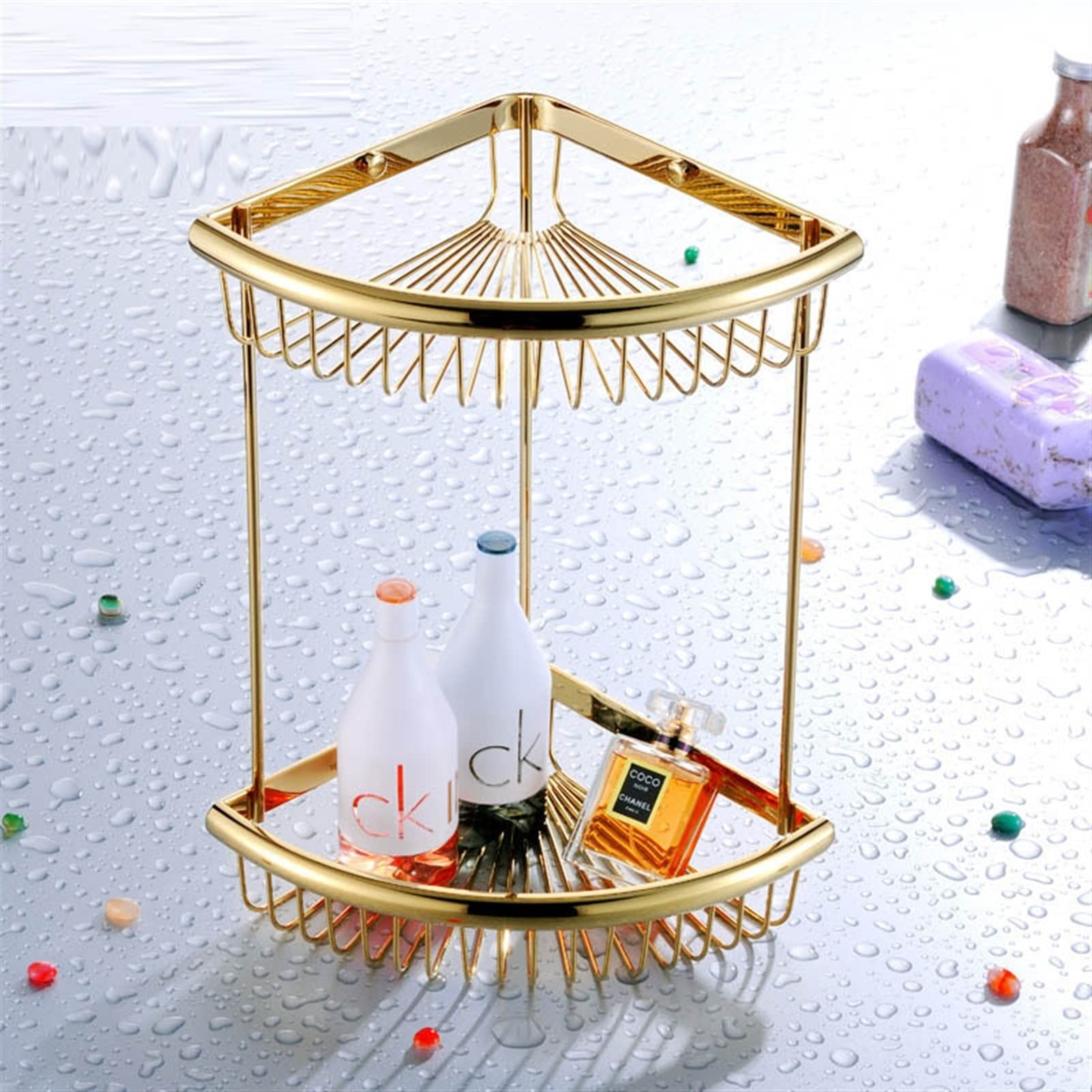 TOMYEUS Shower Caddy Bathroom Shelf Brass Corner Storage Shelf Bathroom Basket Holder Kitchen Organizer Polished Gold Solid Brass