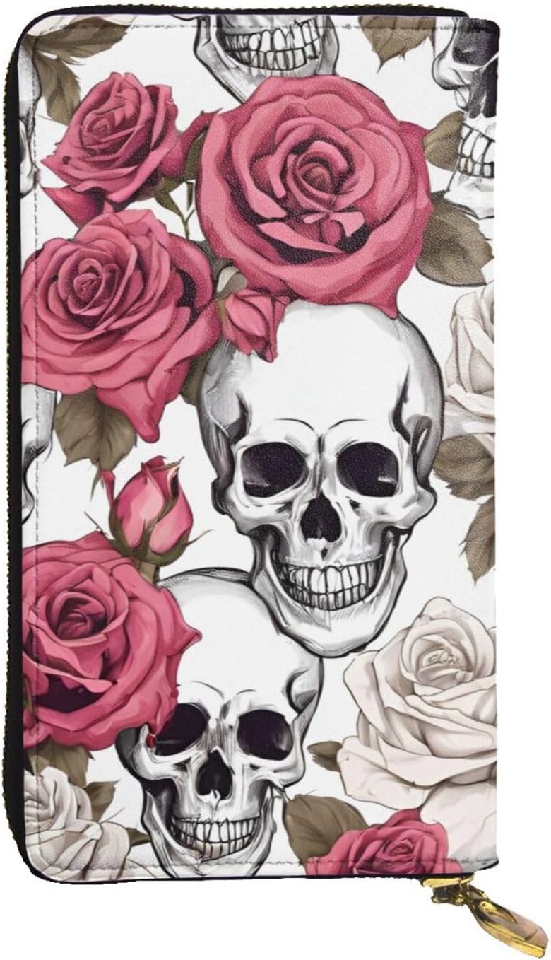 Stylish Color Skulls Long Leather Wallet Purse With Zipper â€“ Coin Purse Clutch Bag, Credit Card Phone Wallet For Women And Men, Casual Travel Large Capacity