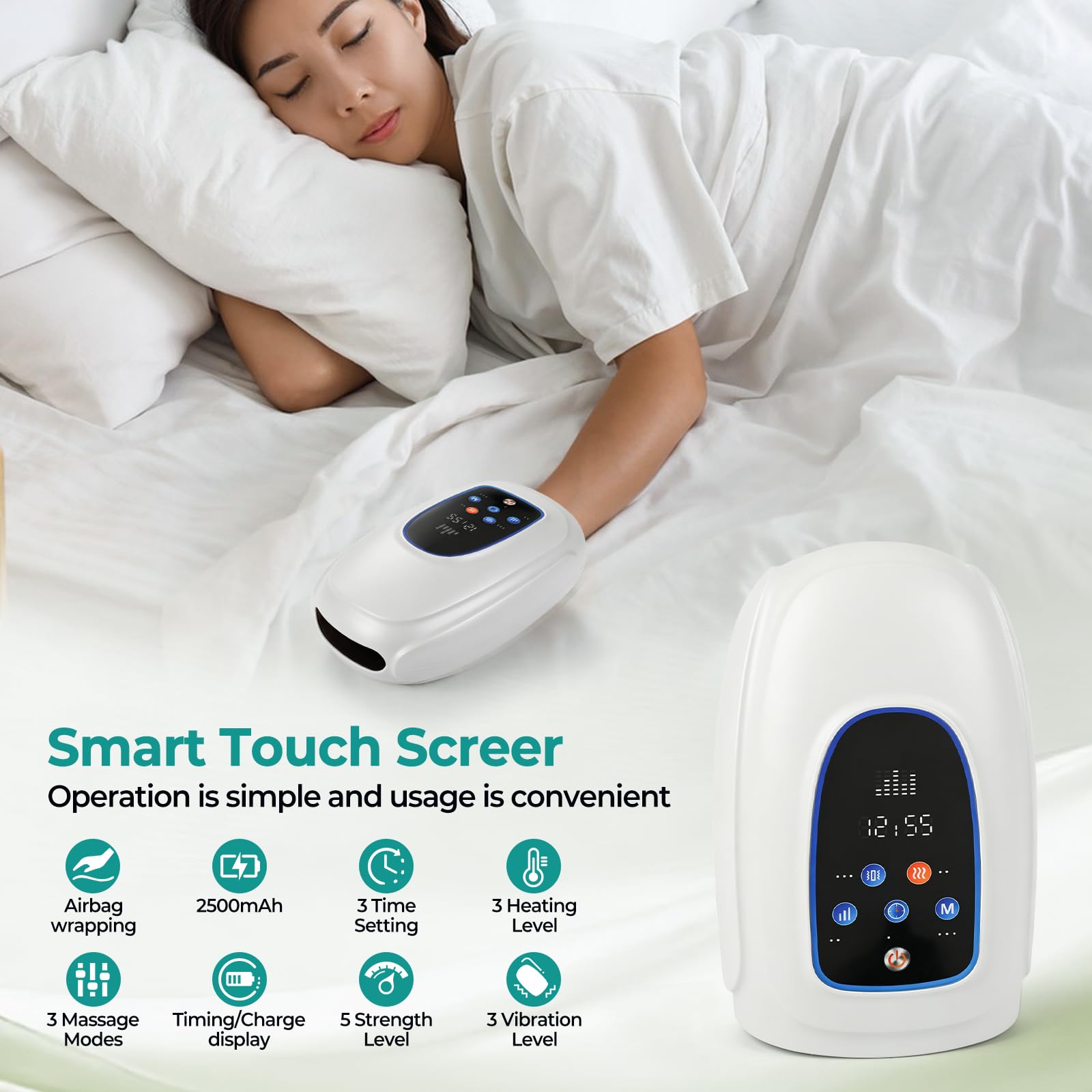 Massaggiatore elettrico a mano con calore e compressione, 3 modalità 5 livelli massaggiatore manuale senza fili, massaggio riscaldato da polso con palmo delle mani, funzionamento touchscreen, timer