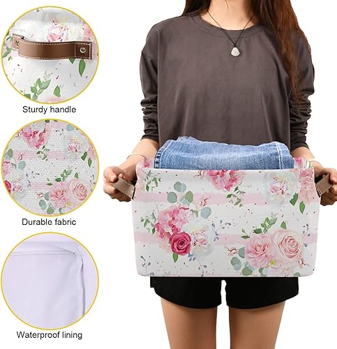 Miniatura 8 de Cesta cuadrada de almacenamiento de flores de rosas rosadas, organizador de almacenamiento de lona, organizador de estante de armario para oficina