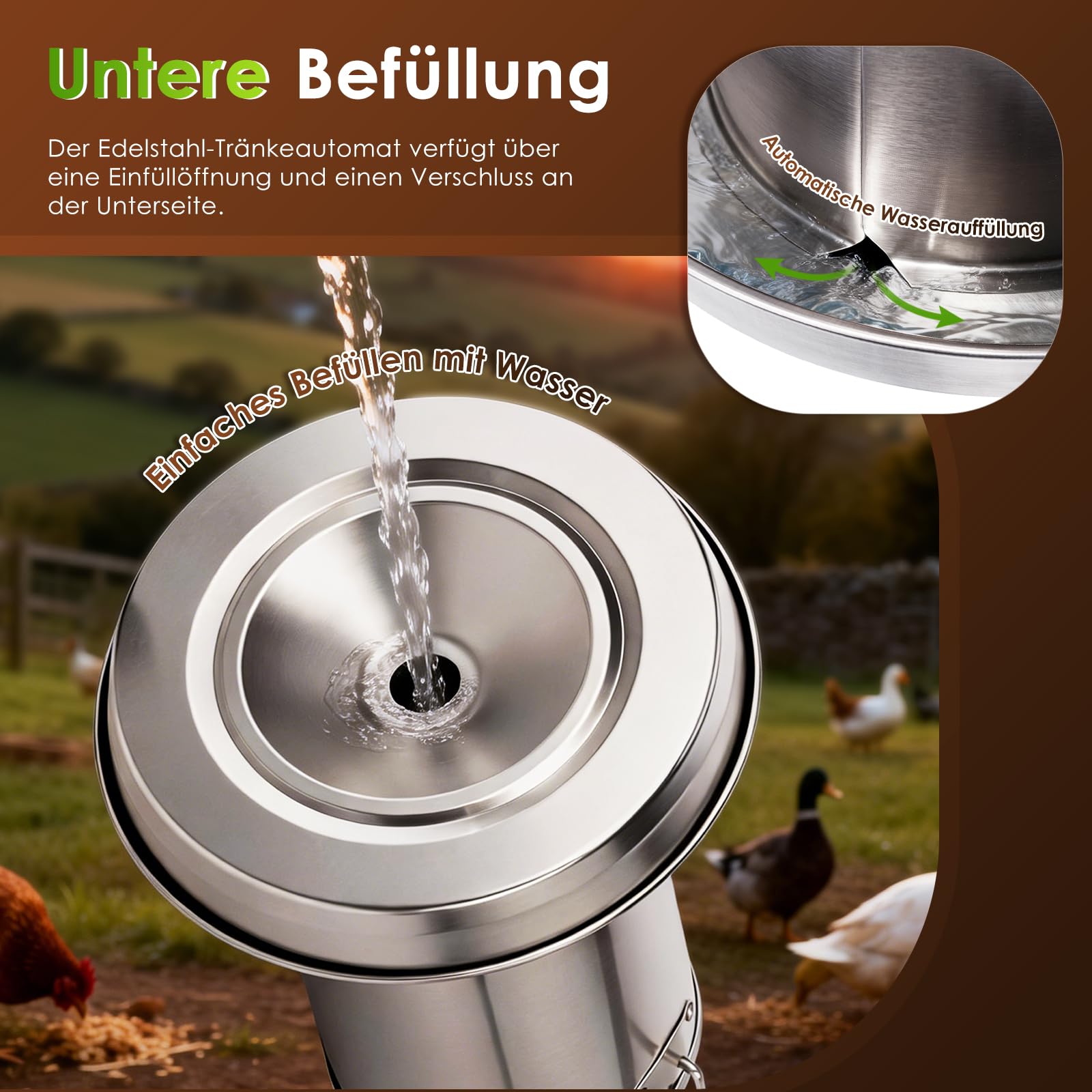 4-Liter-Tränke aus Edelstahl 304 für Hühner, automatischer Wasserspender für Geflügel mit Schwerkraftnachfüllung, hängender oder stehender Trinkbrunnen für Hühner, Enten, Tauben und Gänse