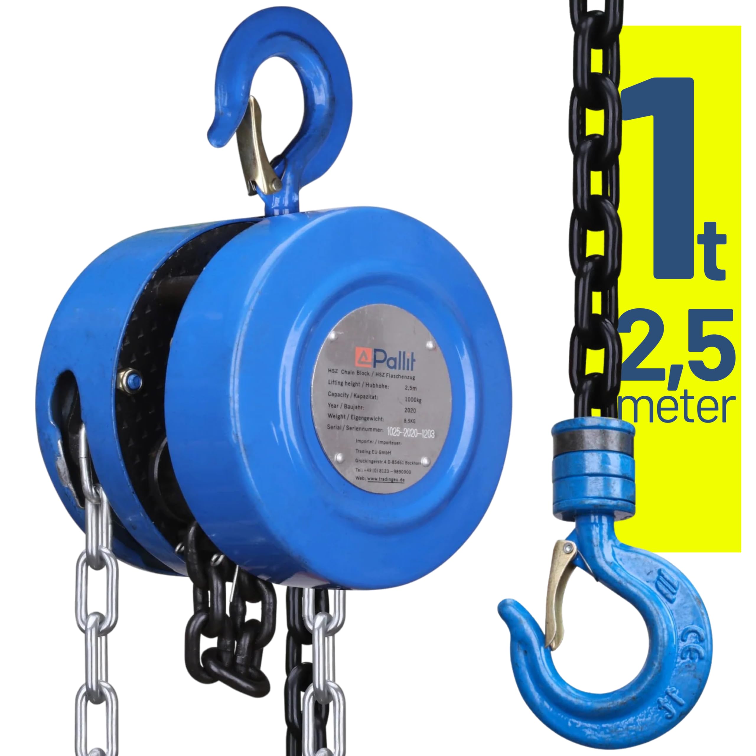 Pallit Kettenzug Flaschenzug 1000 kg Tragkraft mit 2,5 m langer Stahlkette Robuster Seilzug mit 360° drehbarer Haken, Mechanischer Lastbremse und Rücklaufsperre CHAIN-S