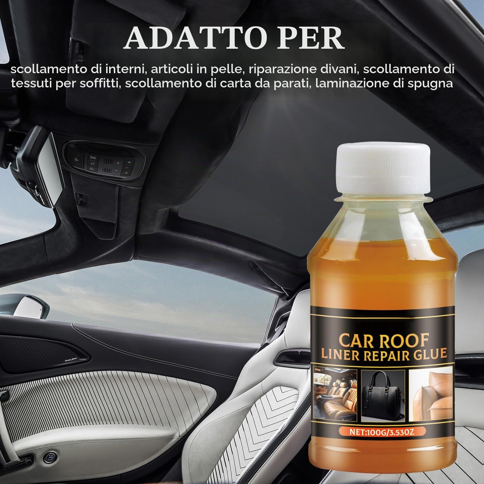 100 ml Headliner Repair Glue, Adesivo di Riparazione per il Cielo dell'auto,Colla per Riparazione del Cielo dell'Auto Adesivo Potente per Tessuto e Interno,per Tutti i Tipi di Pelle, con Pennello