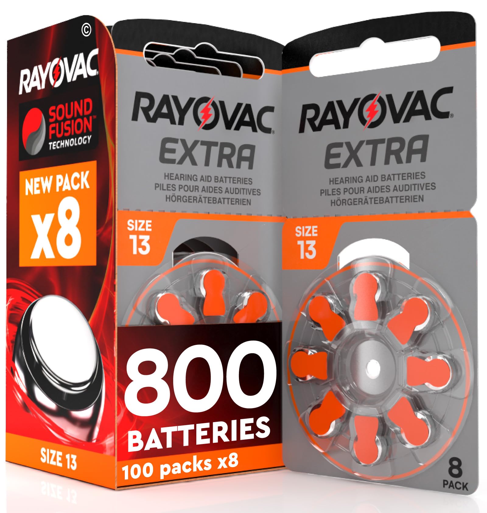 800 Batterie per apparecchi acustici Rayovac Extra 13. - 100 lampadine da 8 batterie | 100 Blister da 8 Pile