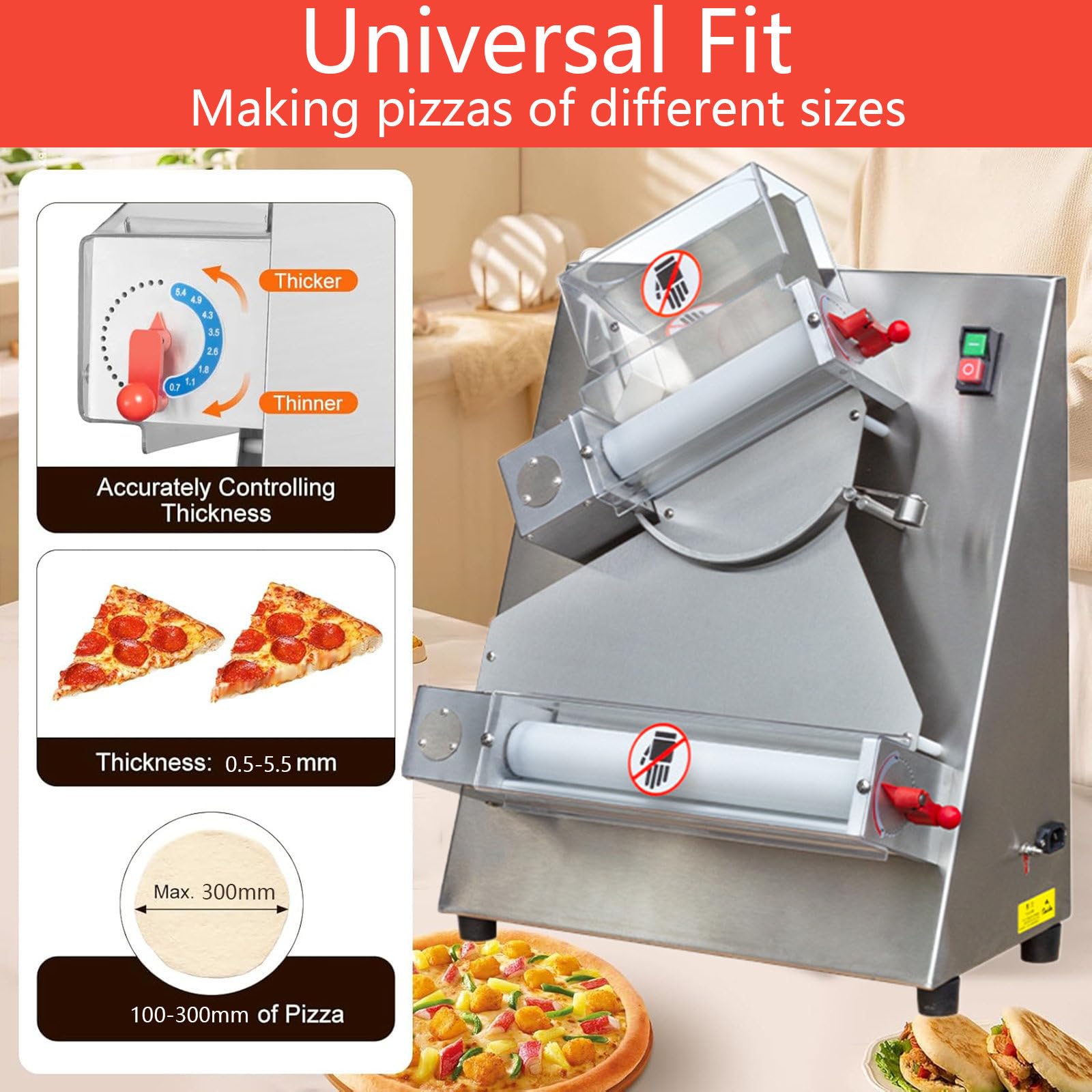Sfogliatrice per Pasta per Pizza Commerciale, Max 300 mm, Sfogliatrice per Pasta per Pizza Elettrica Automatica da 370 W, in Acciaio Inox, Adatta per Macchine per Pasta, Pizza, Pane e Pasta