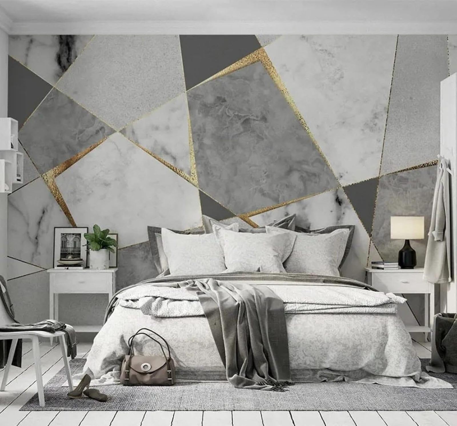 XLMING Abstract Grey Geometric Triangles Faux Marble 3D Wallpaper Luxury Silk Study Dining Feature Sofa Grey Bedroom Living Room Tv Decorative Wall-250cm×170cm
