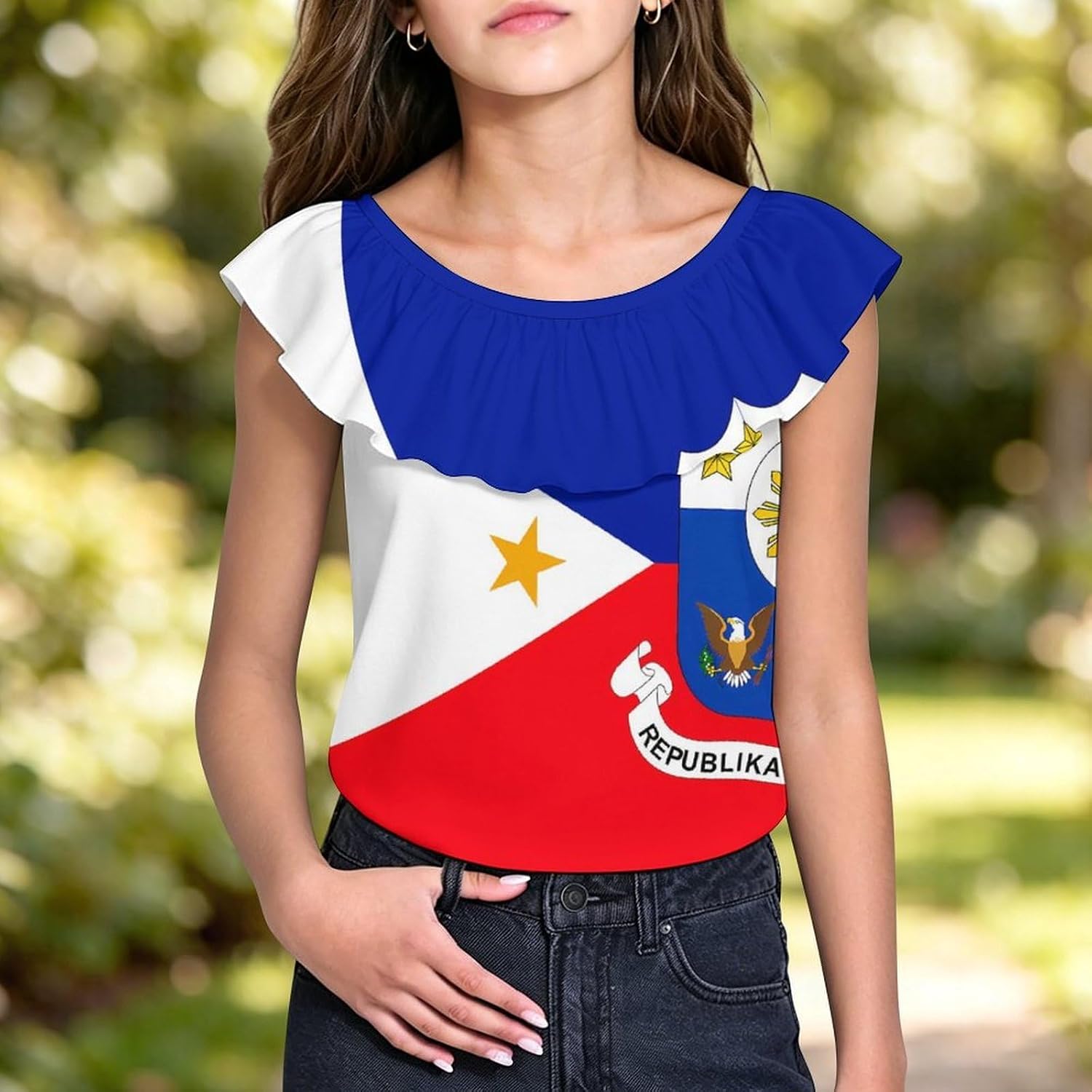 Filipino Philippine Flag National Emblem Girls T-Shirts Top Ruffle Short Sleeve Blouse Casual Graphic Tees