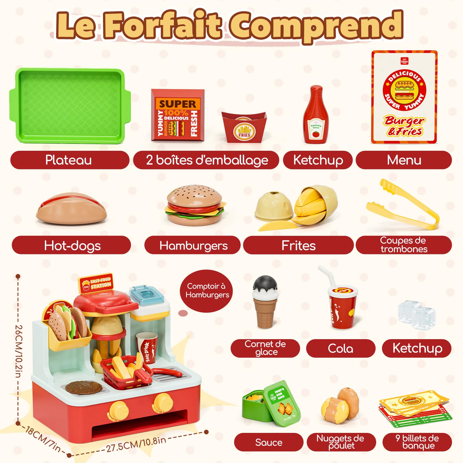 Lehoo Castle Accessoire Cuisine Enfant avec Hamburger, Dinette 3 Ans, Jouet Alimentaire Montessori 3+Ans, Cadeau Parfait pour Noël et Fête