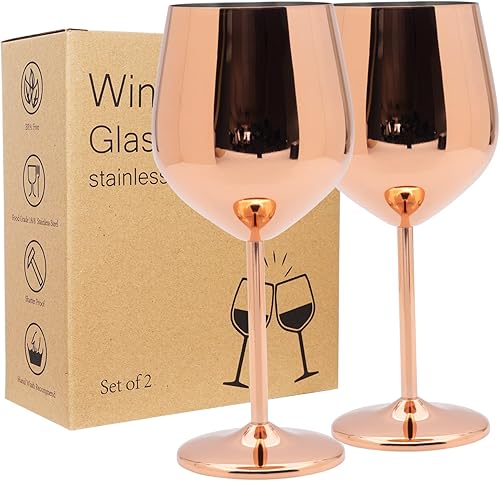 Copas de vino con tallo de acero inoxidable, 2 unidades, copas de vino de acero inoxidable para fiestas, oficina, boda, aniversario, ideal para vino