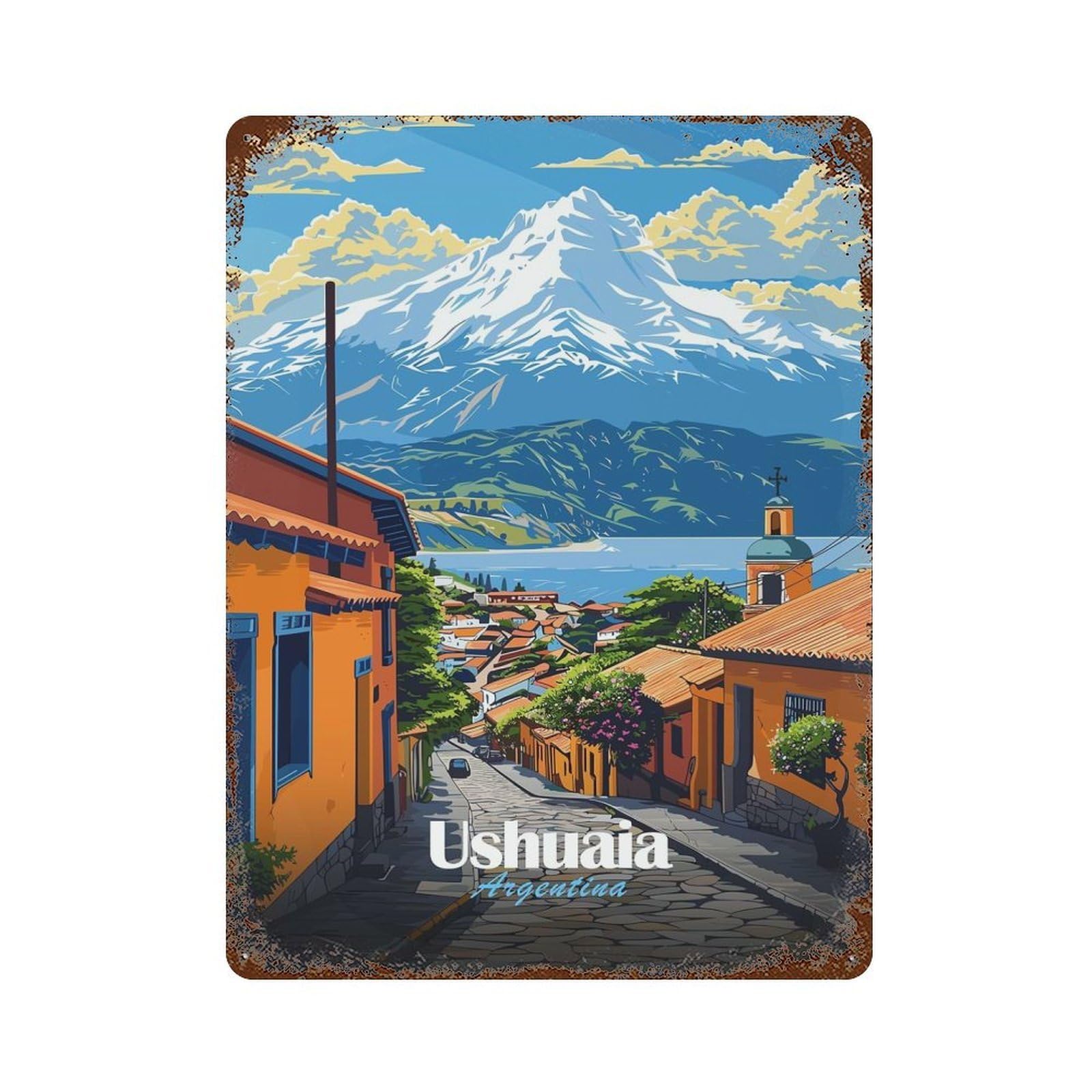 Garage Style Ushuaia, Argentina Distressed Metal Wall Sign 15.7"x11.8", Decorative Metal Wall Art for Bar And Workshop