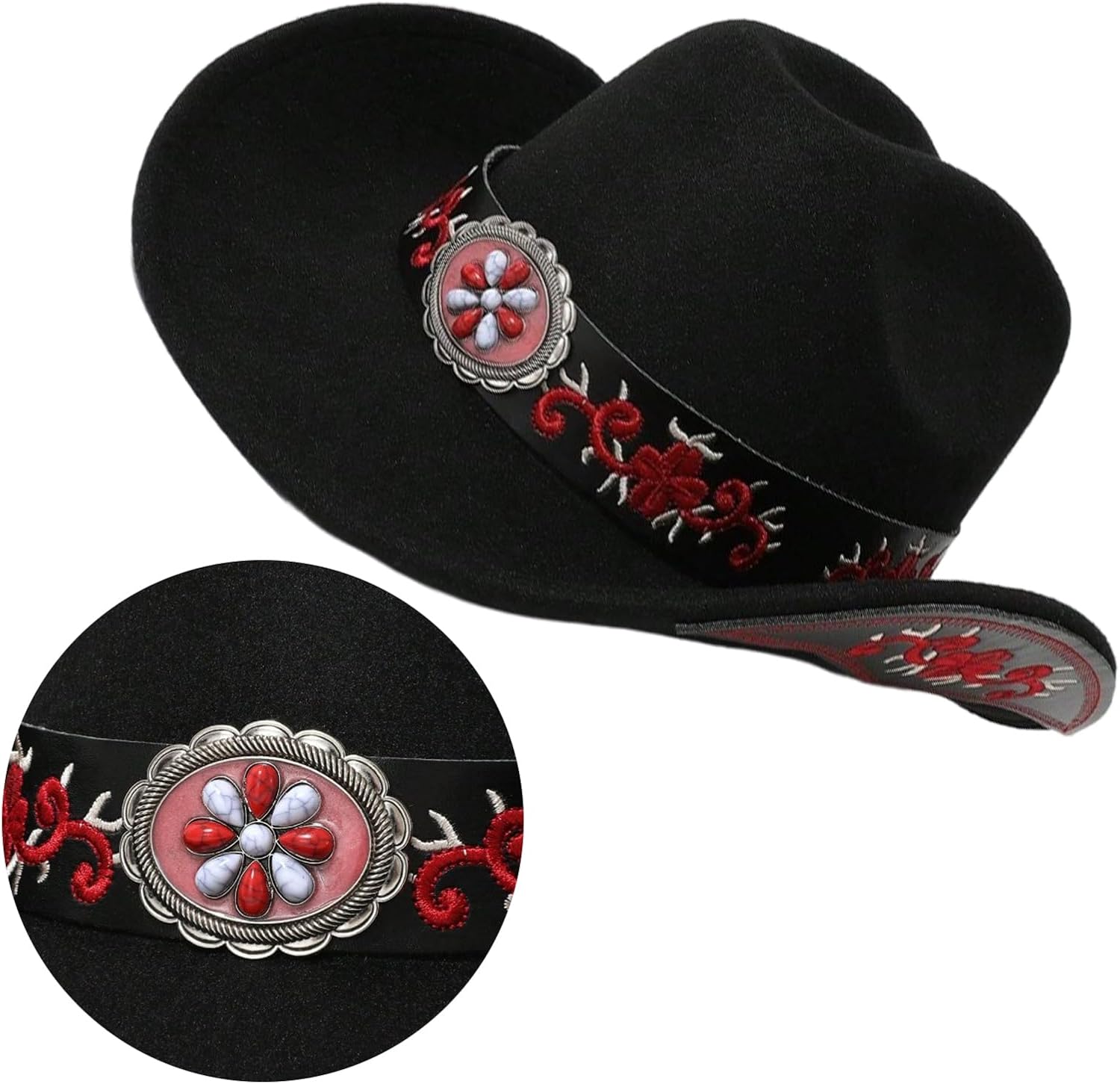 Hat Adult Costume Hat Party Headwear Halloween DressingUp Panama Embroidered Flower Travel Belt
