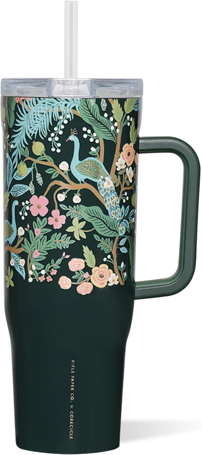 Corkcicle x Rifle Paper Co. Cruiser Insulated Tumbler with Handle & Straw - Keeps Drinks Cold 20 Hours - BPA-Free - Gift for Mom - Great for Mother's Day or Christmas - 40 oz - Peacock Blue