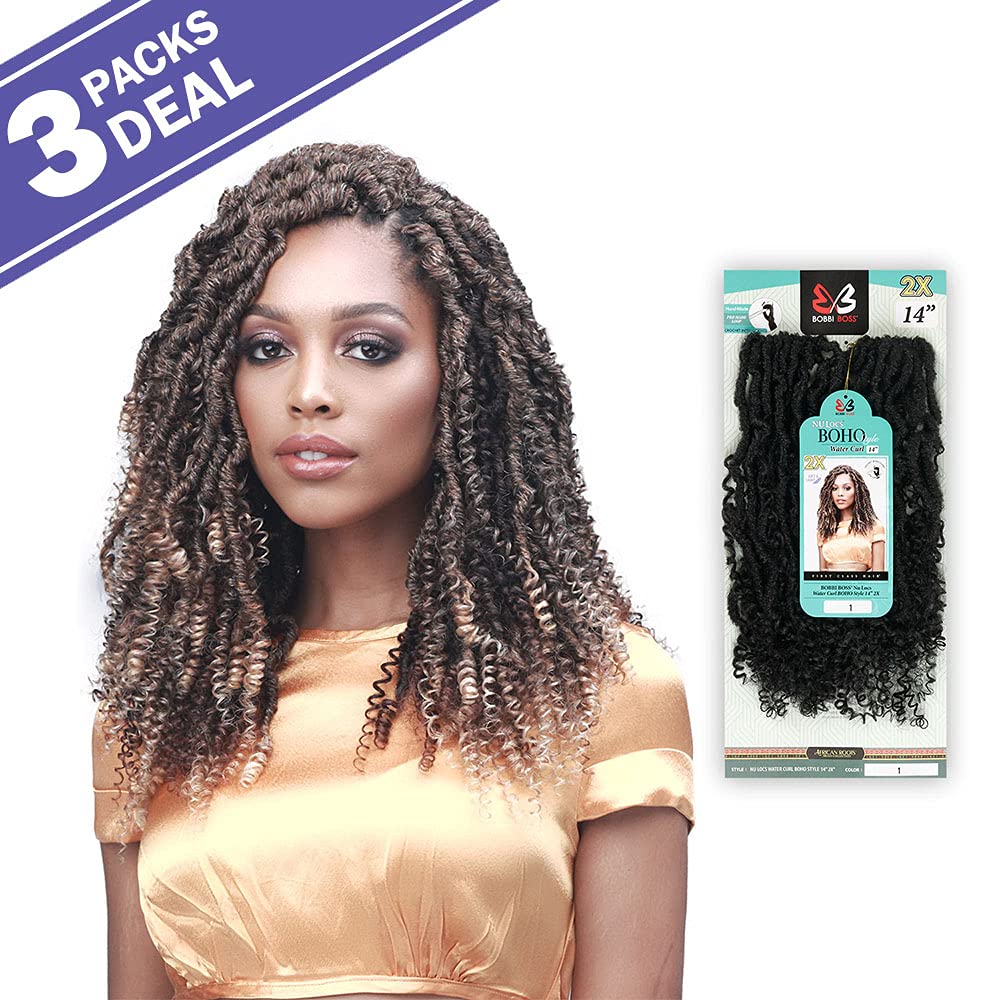 Boobi Boss Crochet Braids Nu Locs 2X Water Curl Boho Style 14" (3 Packs, T1B/BUG)