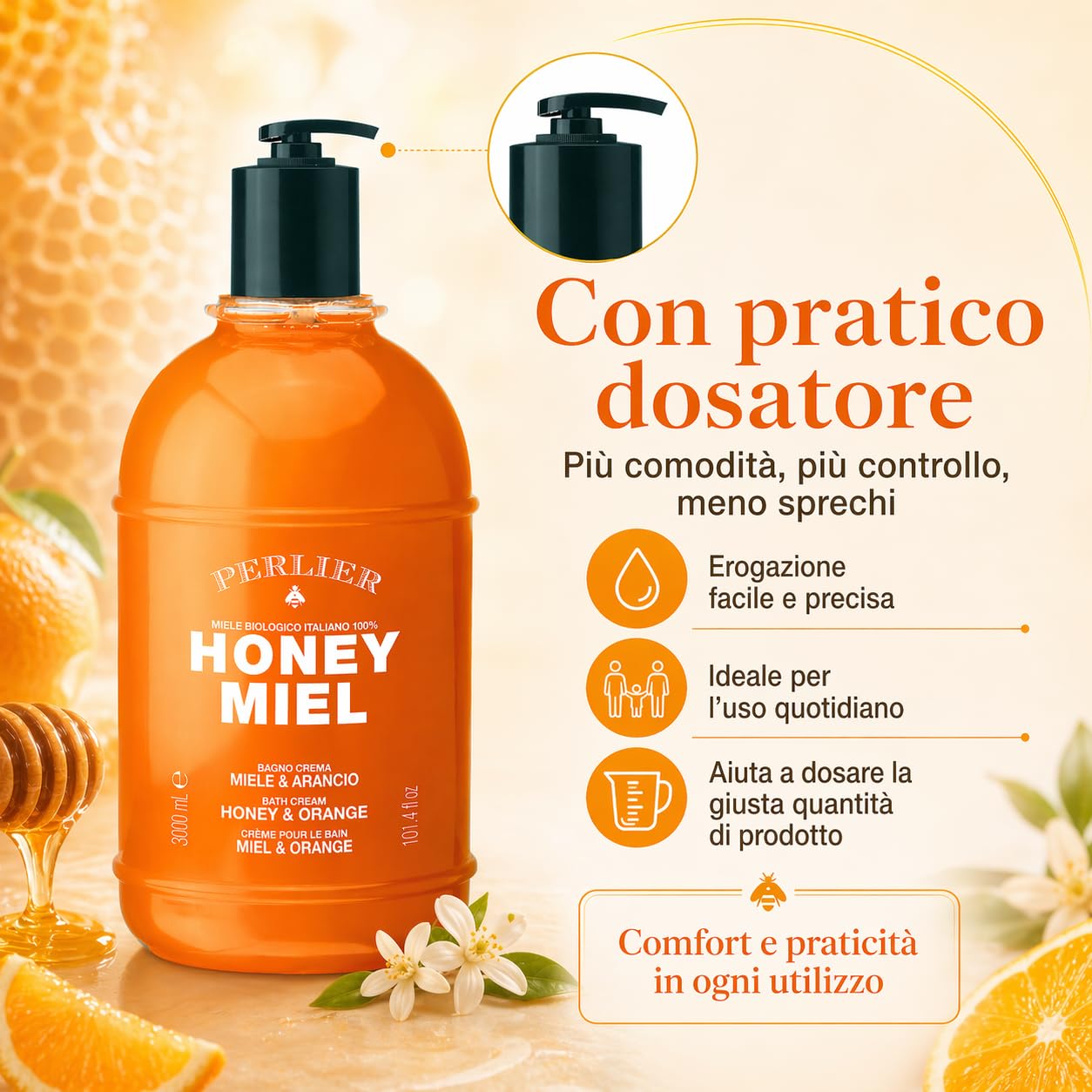 Perlier Honey Miel Bagno Crema Miele & Arancio 3 L con Dosatore – Detergente Corpo Nutriente, Profumazione Dolce e Agrumata, Pelle Morbida e Setosa, Maxi Formato
