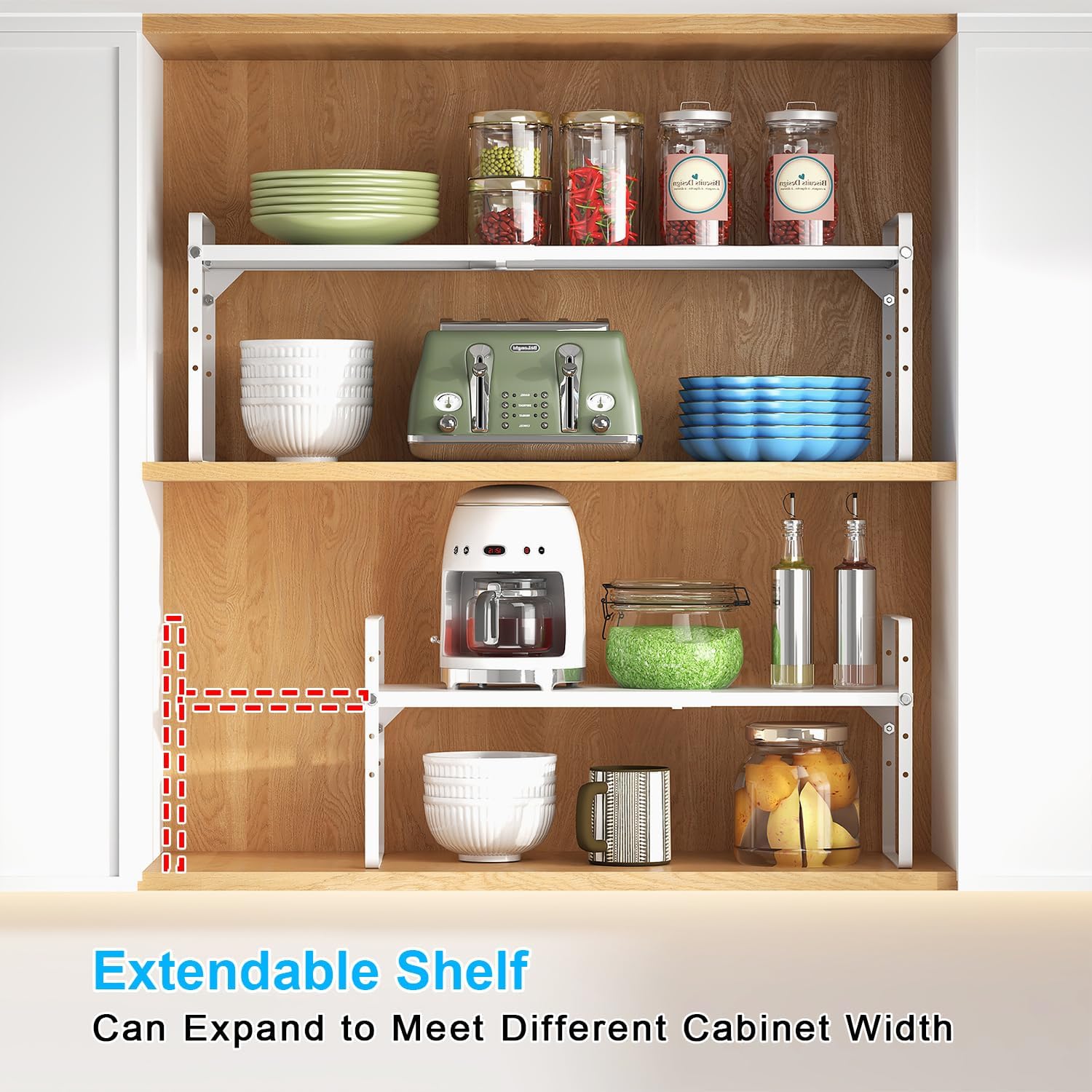15.5 to 25.5 Inch Expandable Kitchen Cabinet Organizer Shelf, 30 LBS Heavy Duty Stackable Kitchen Counter Storage Shelves Organizers, 2 Pack Adjustable Small Storage Shelf Rack for Cabinet Cupboard - Image 4