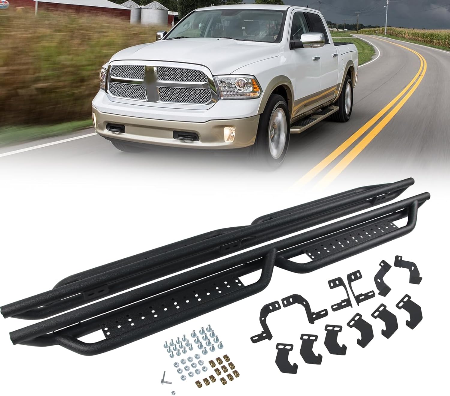 A Pair Running Boards & Side Steps Compatible with Ram 2500/3500 2010-2022, 1500 Classic 2019-2023, Aluminum Truck Steps, Rail Nerf Bars (Left + Right) Factory Style Accessories Replacement, No Slip
