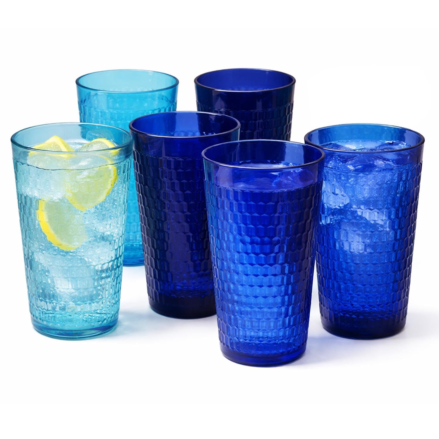 UNIQUE HOME LIVING Set of 6 Acrylic Tumblers, 600ml Reusable Drinking Tumbler Glasses for Water Juice Tea Cocktail, BPA-Free, Stackable Plastic Cups, Honeycomb Design - Shades of Blue