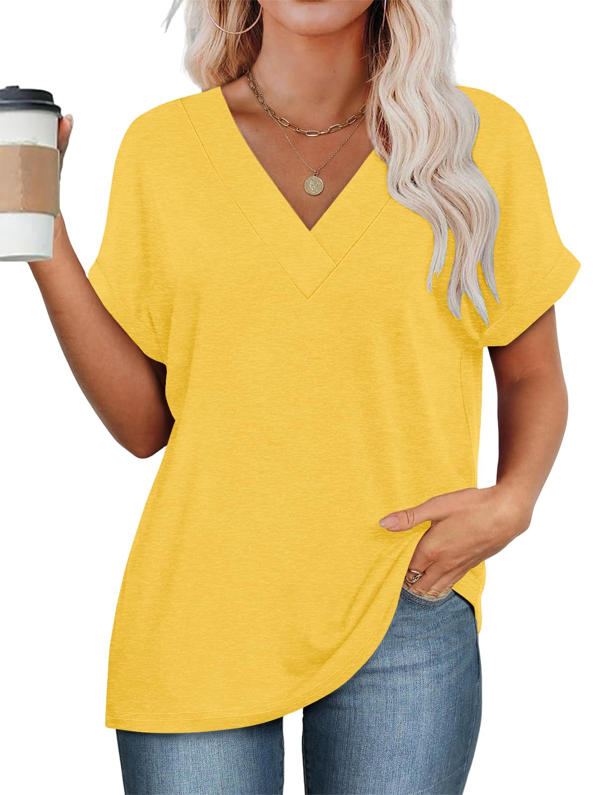 Cuptacc Camiseta Mujer Manga Corta Cuello en V Blusas Mujer Verano Elegantes Suelto Básica Top