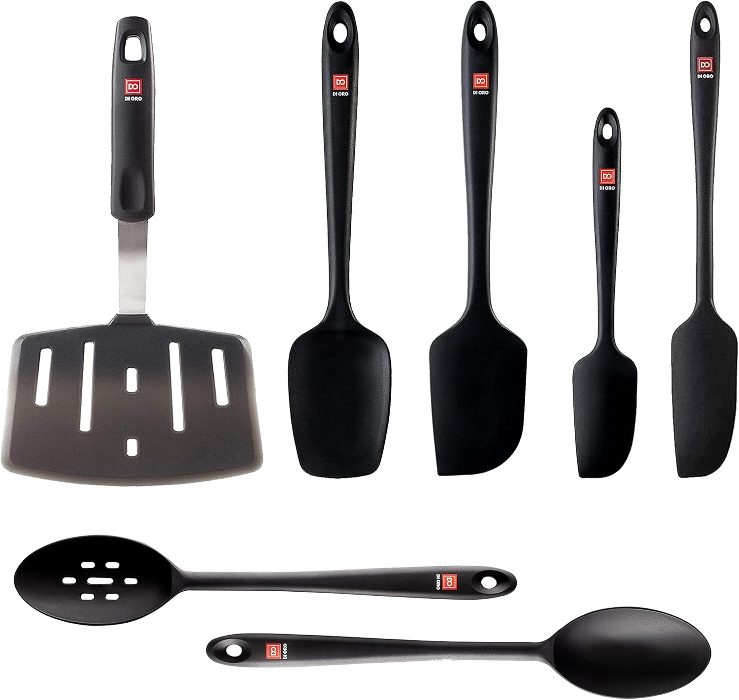 DI ORO 7-Piece Silicone Turner and Seamless Series Spoon & Spatula Set - 600°F Heat-Resistant Kitchen Utensils - Dishwasher Safe & Flexible - Heavy-Duty Steel Core - Cooking & Baking Gadgets (Black)