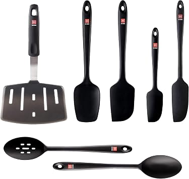 DI ORO 7-Piece Silicone Turner and Seamless Series Spoon & Spatula Set - 600F Heat-Resistant Kitchen Utensils - Dishwasher Safe & Flexible - Heavy-Duty Steel Core - Cooking & Baking Gadgets Black