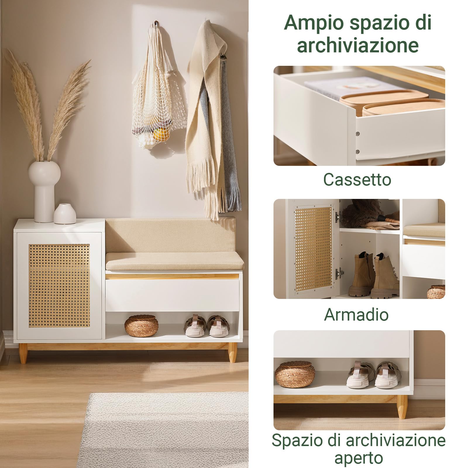 SoBuy Scarpiera Panca Ingresso con Seduta Imbottita – Panca Contenitore Salvaspazio con Ante a Reticolo – Porta Scarpe per Camera da Letto o Corridoio – Bianco 100x35x60cm, 150kg – FSR128-W