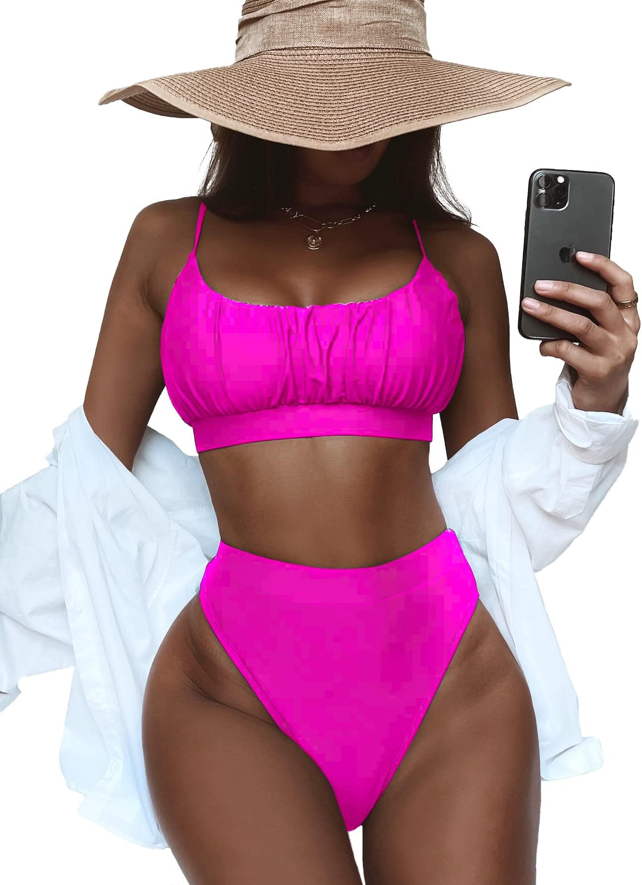 LilosyHigh Waisted Tummy Control Ribbed Bikini Crop Top Brazilian Swimsuit Set 2 Piece