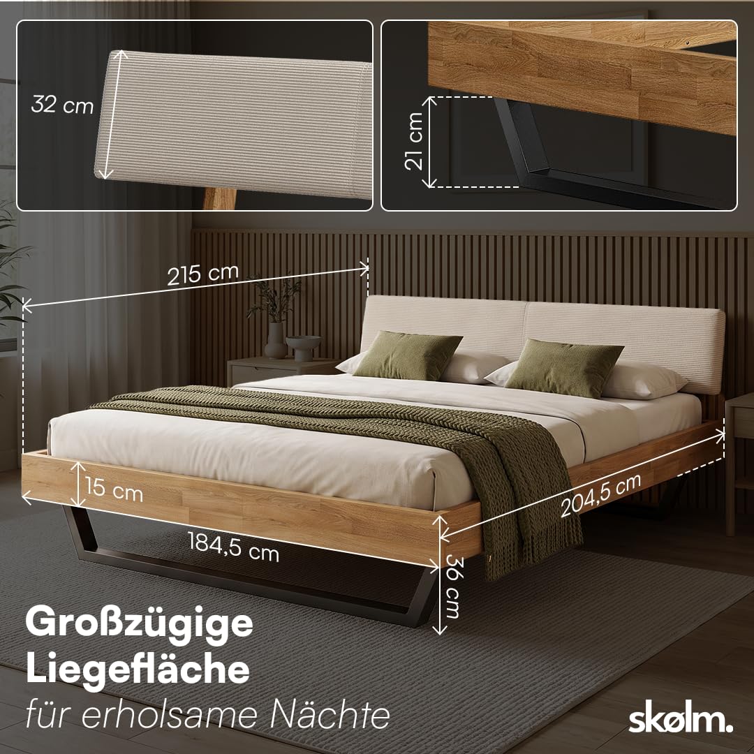 skølm Alver Massivholzbett Eiche 180x200cm, Bettkopf Cord Beige, in Natur
